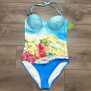 Kate Spade Ocean Grove Underwire Halter One Piece‎ Swimsuit Blue Pink Size XL